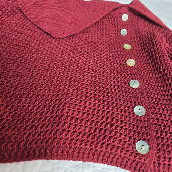 Commense Off Shoulder Cowl Neck Knit Cropped Button Burgundy Sweater - Picture 4 of 12